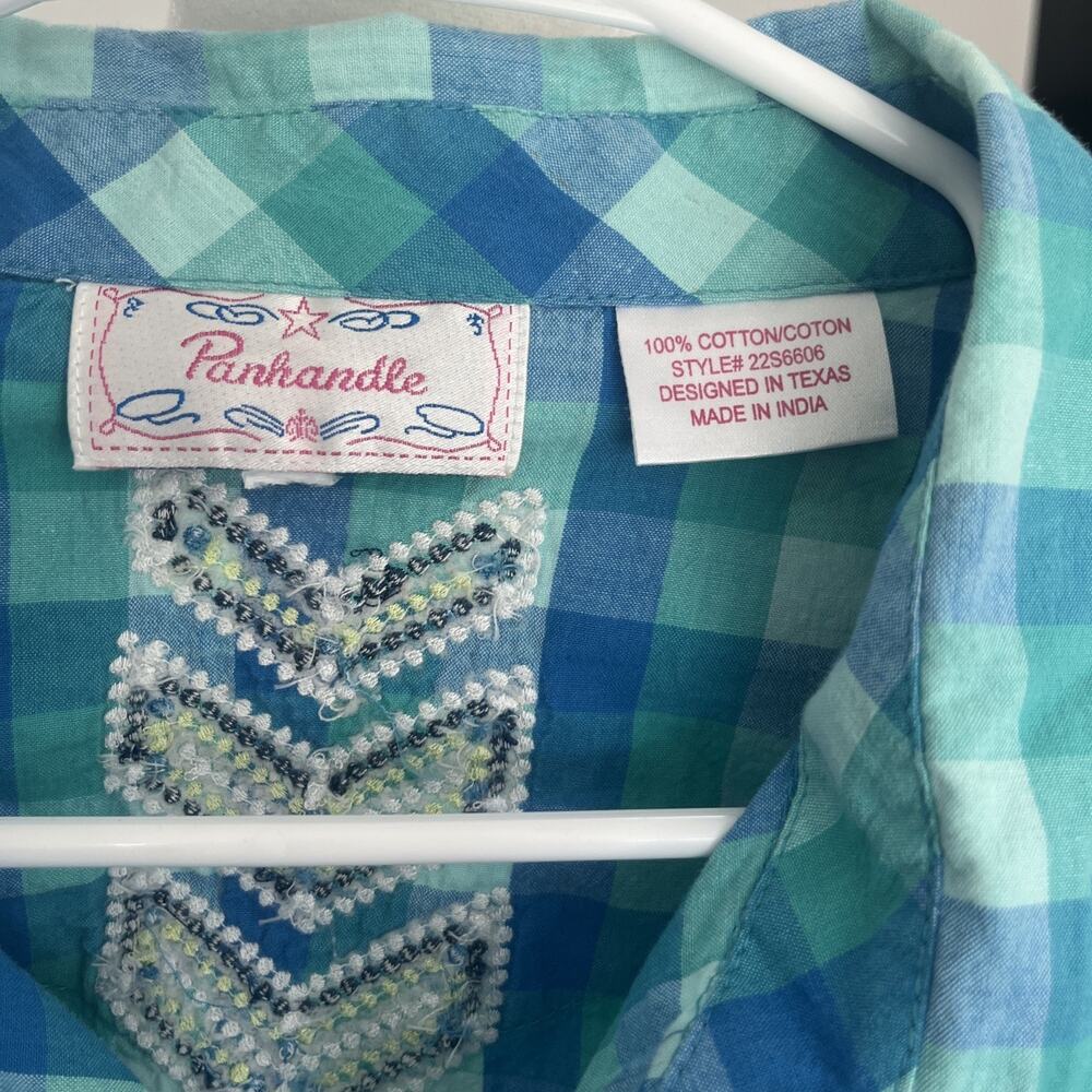 VTG Panhandle Women Snap Front Shirt Turquoise Aztec Beads Roll Tab Large - Picture 15 of 15